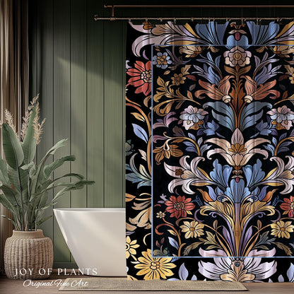 Bohemian Botanical Shower Curtain Art Nouveau Floral Enchanted Forest Flower Motifs, Whimsical Cottagecore Charm Fairycore Inspired Bathroom