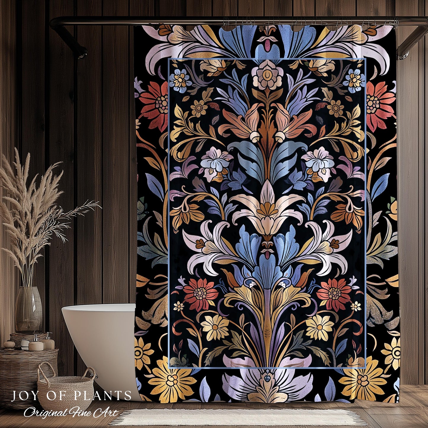 Bohemian Botanical Shower Curtain Art Nouveau Floral Enchanted Forest Flower Motifs, Whimsical Cottagecore Charm Fairycore Inspired Bathroom