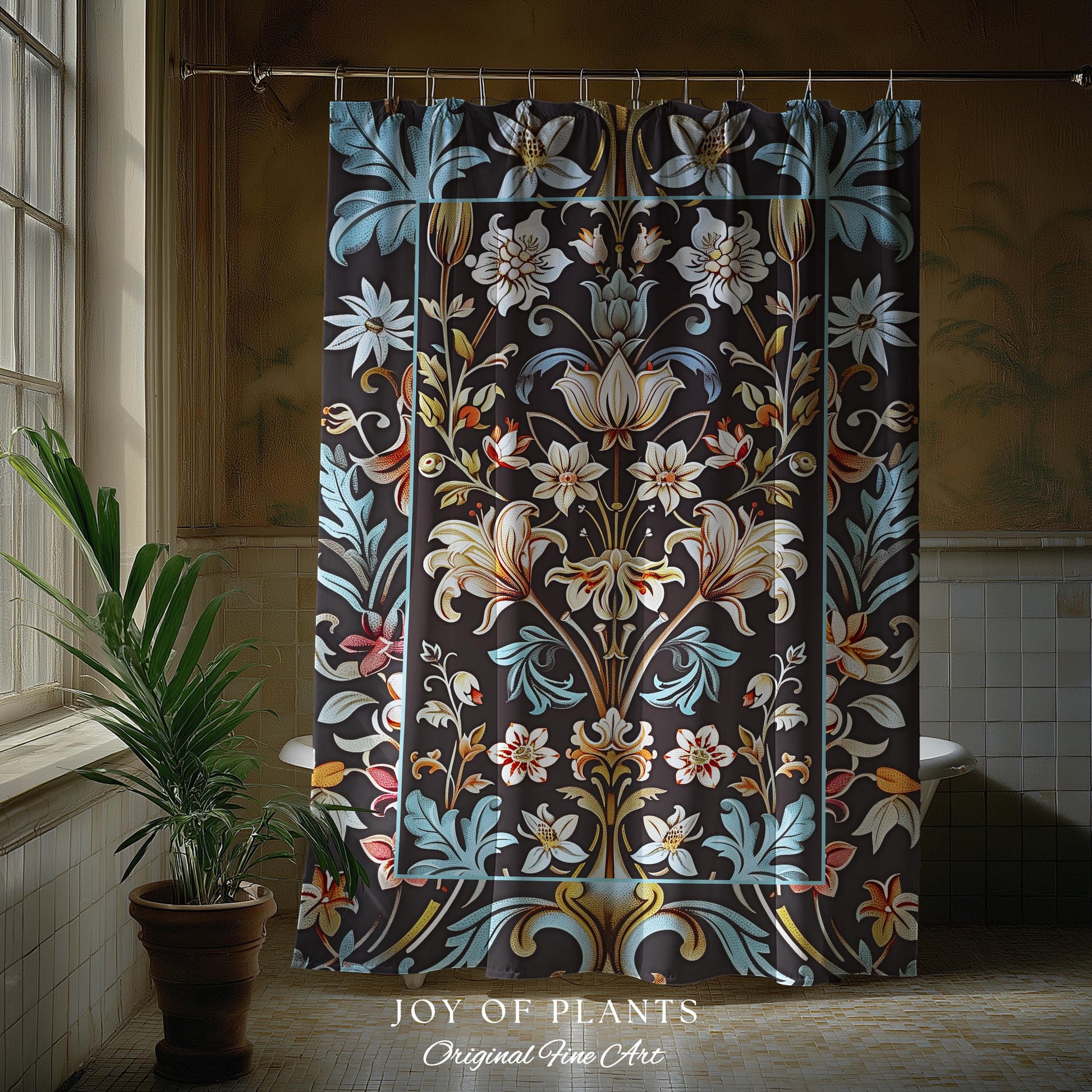 Whimsical Art Nouveau Shower Curtain Floral Victorian Whimsigothic Botanical Vintage Academia Decor William Morris Inspired Elegant Bathroom