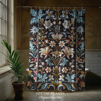 Whimsical Art Nouveau Shower Curtain Floral Victorian Whimsigothic Botanical Vintage Academia Decor William Morris Inspired Elegant Bathroom