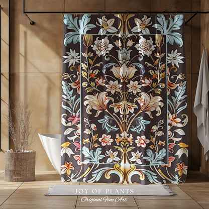 Whimsical Art Nouveau Shower Curtain Floral Victorian Whimsigothic Botanical Vintage Academia Decor William Morris Inspired Elegant Bathroom