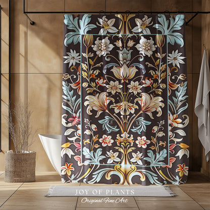 Whimsical Art Nouveau Shower Curtain Floral Victorian Whimsigothic Botanical Vintage Academia Decor William Morris Inspired Elegant Bathroom