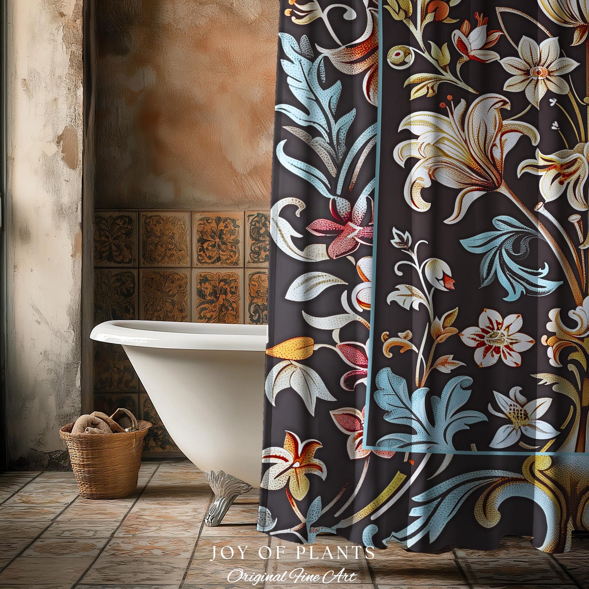 Whimsical Art Nouveau Shower Curtain Floral Victorian Whimsigothic Botanical Vintage Academia Decor William Morris Inspired Elegant Bathroom