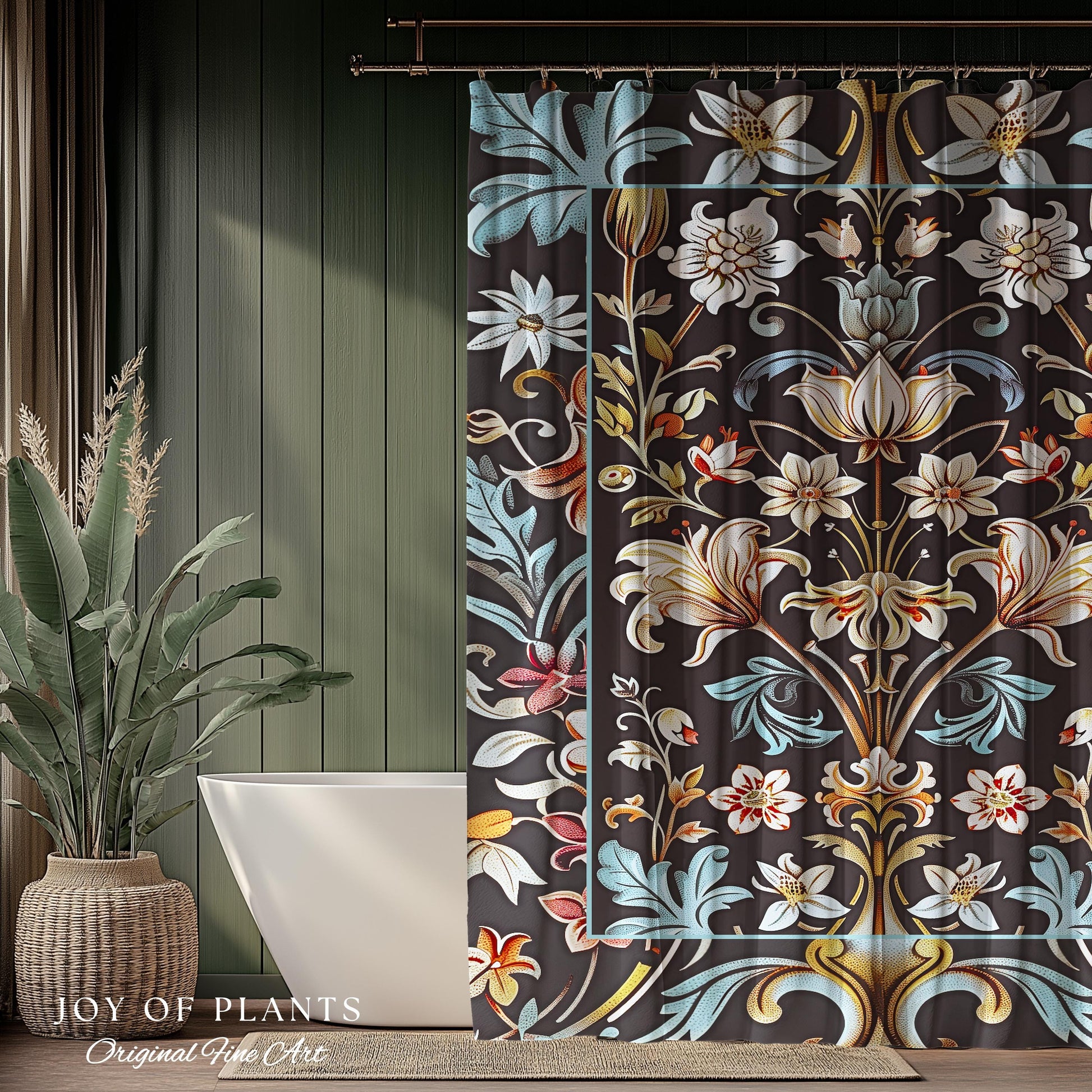 Whimsical Art Nouveau Shower Curtain Floral Victorian Whimsigothic Botanical Vintage Academia Decor William Morris Inspired Elegant Bathroom