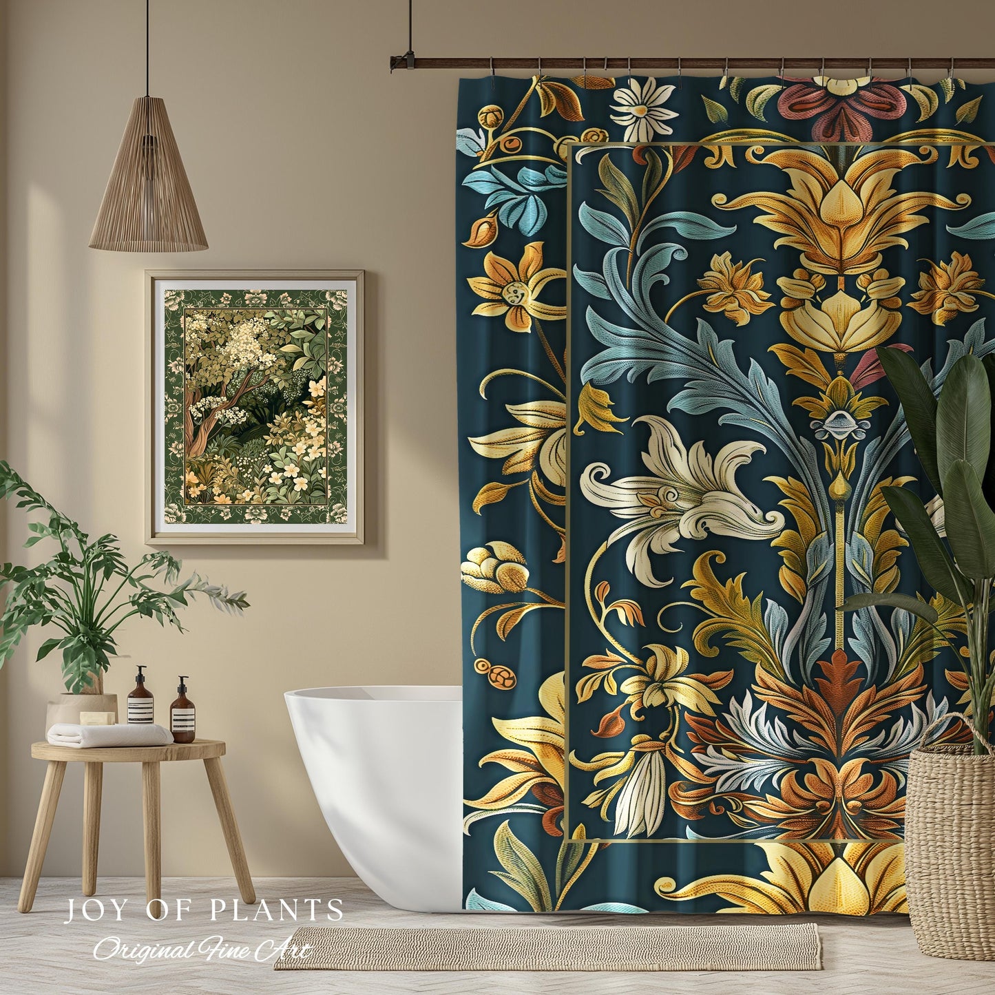 Art Nouveau Shower Curtain Floral Ornate Renaissance Style Botanical Dark Academia, William Morris Inspired Bathroom Farmhouse Cottagecore |