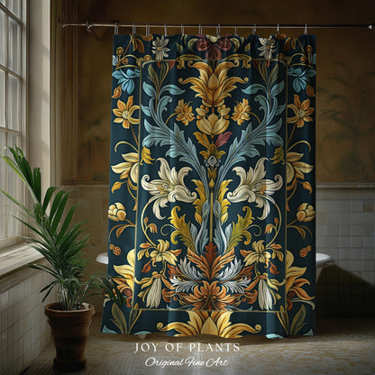 Art Nouveau Shower Curtain Floral Ornate Renaissance Style Botanical Dark Academia, William Morris Inspired Bathroom Farmhouse Cottagecore |
