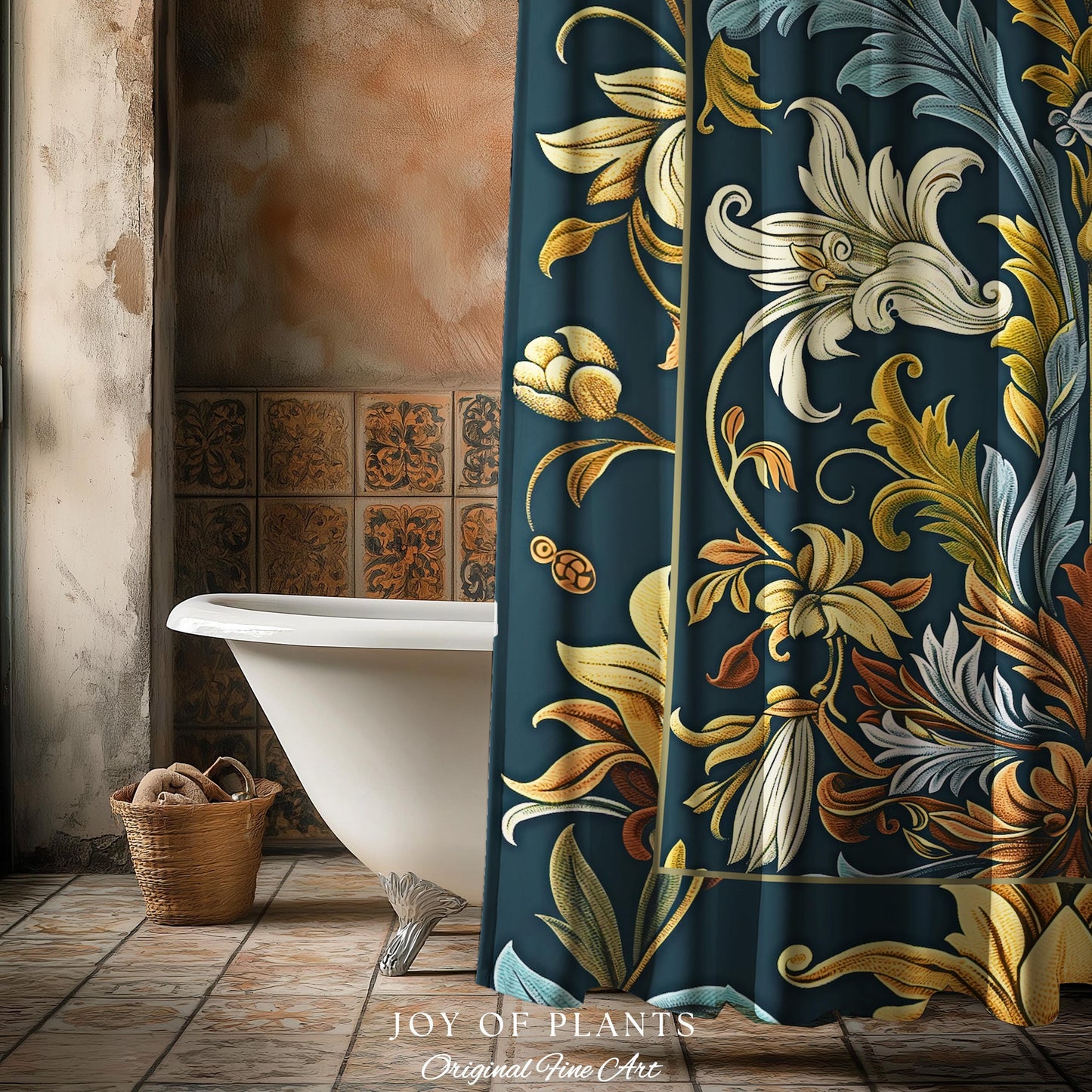 Art Nouveau Shower Curtain Floral Ornate Renaissance Style Botanical Dark Academia, William Morris Inspired Bathroom Farmhouse Cottagecore |