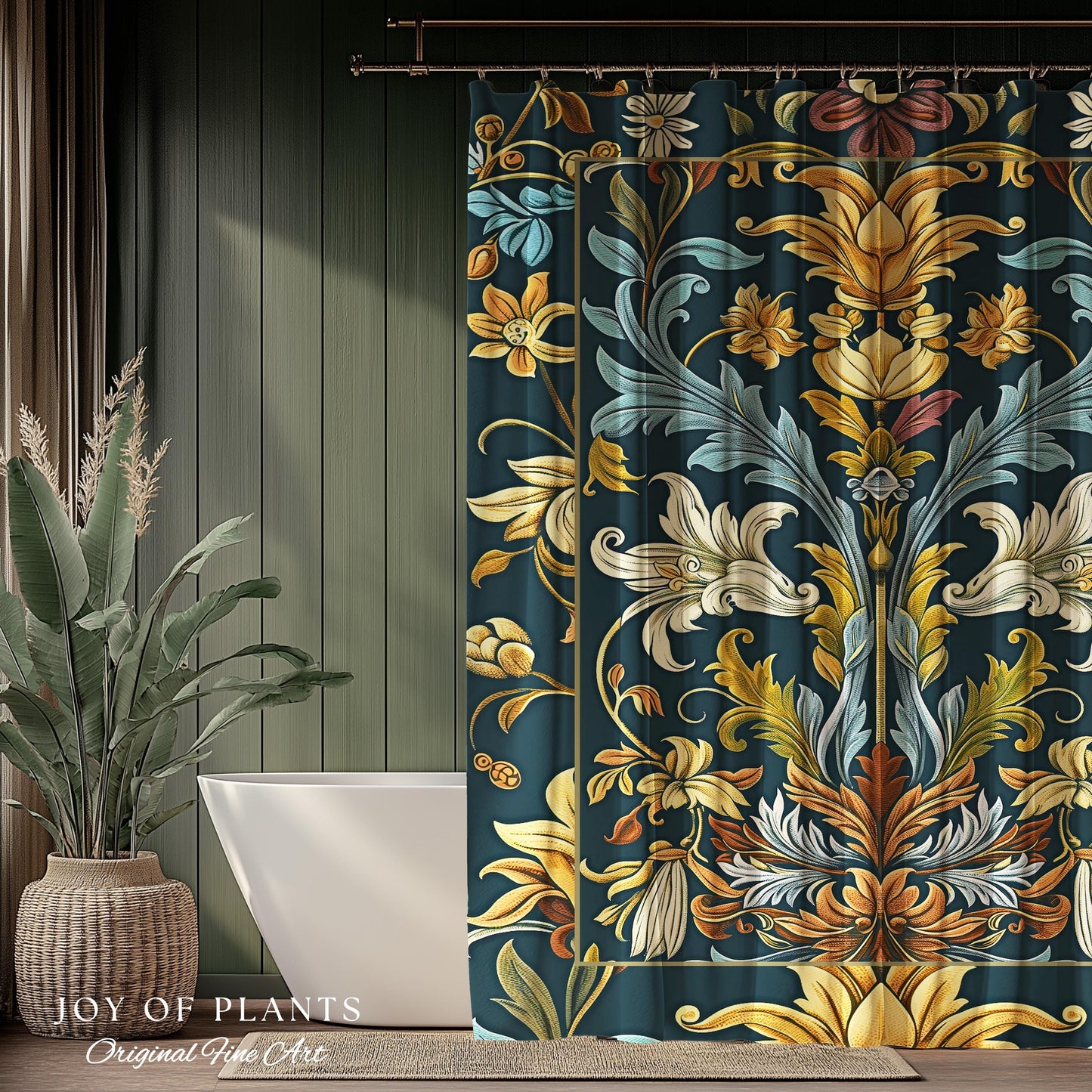 Art Nouveau Shower Curtain Floral Ornate Renaissance Style Botanical Dark Academia, William Morris Inspired Bathroom Farmhouse Cottagecore |