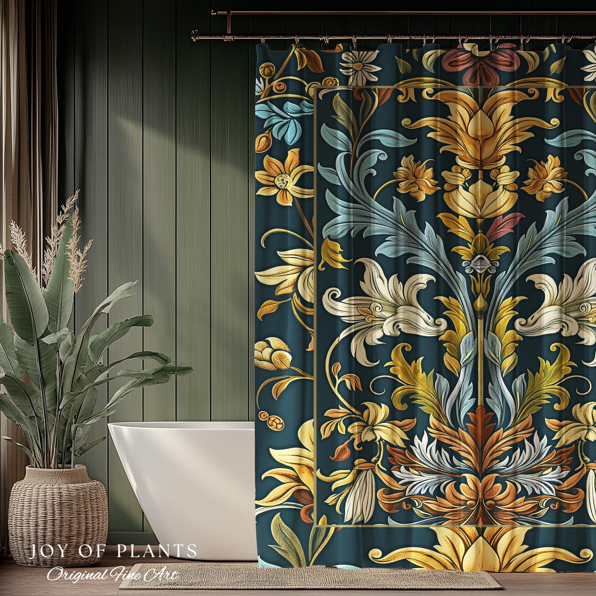 Art Nouveau Shower Curtain Floral Ornate Renaissance Style Botanical Dark Academia, William Morris Inspired Bathroom Farmhouse Cottagecore |