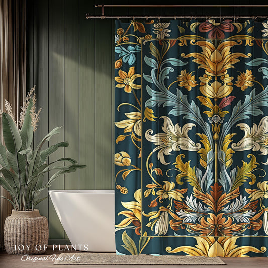 Art Nouveau Shower Curtain Floral Ornate Renaissance Style Botanical Dark Academia, William Morris Inspired Bathroom Farmhouse Cottagecore |