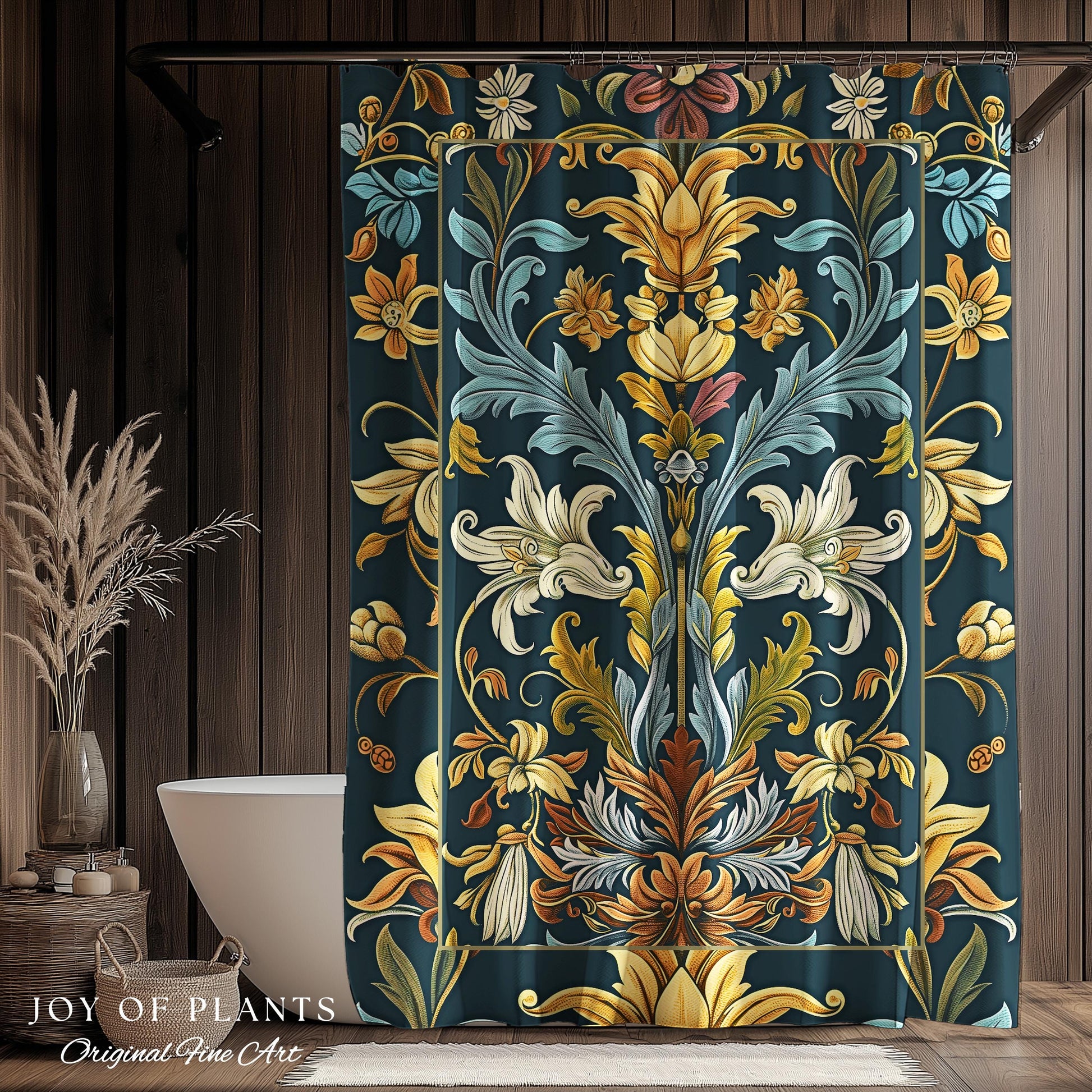 Art Nouveau Shower Curtain Floral Ornate Renaissance Style Botanical Dark Academia, William Morris Inspired Bathroom Farmhouse Cottagecore |