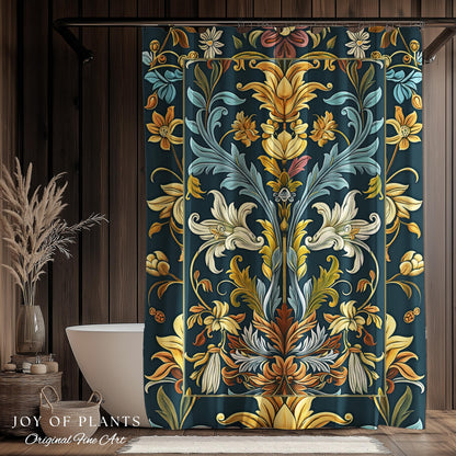 Art Nouveau Shower Curtain Floral Ornate Renaissance Style Botanical Dark Academia, William Morris Inspired Bathroom Farmhouse Cottagecore |