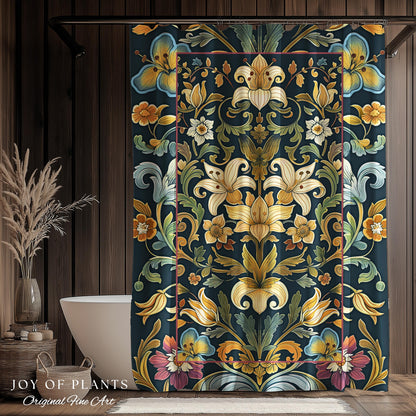 Rustic Farmhouse Shower Curtain Floral Country Cottage Charm | Soft Cottagecore Botanical Elegance Vintage Boho Flower Morris Style Bathroom