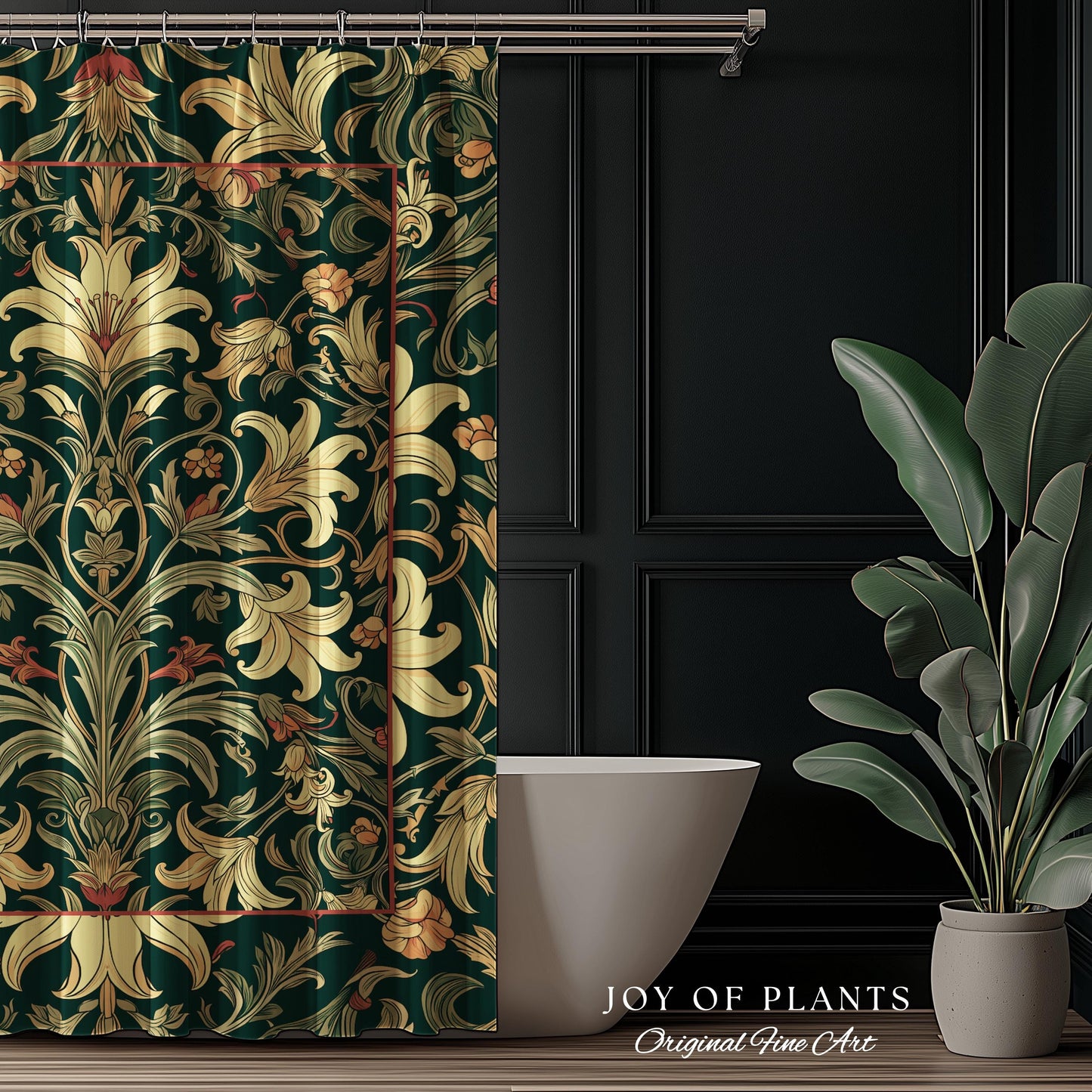 Earthy Fairycore Shower Curtain Floral Aesthetic | Enchanted Muted Forest Green Art Nouveau Victorian Cottagecore Academia Art Deco Bathroom