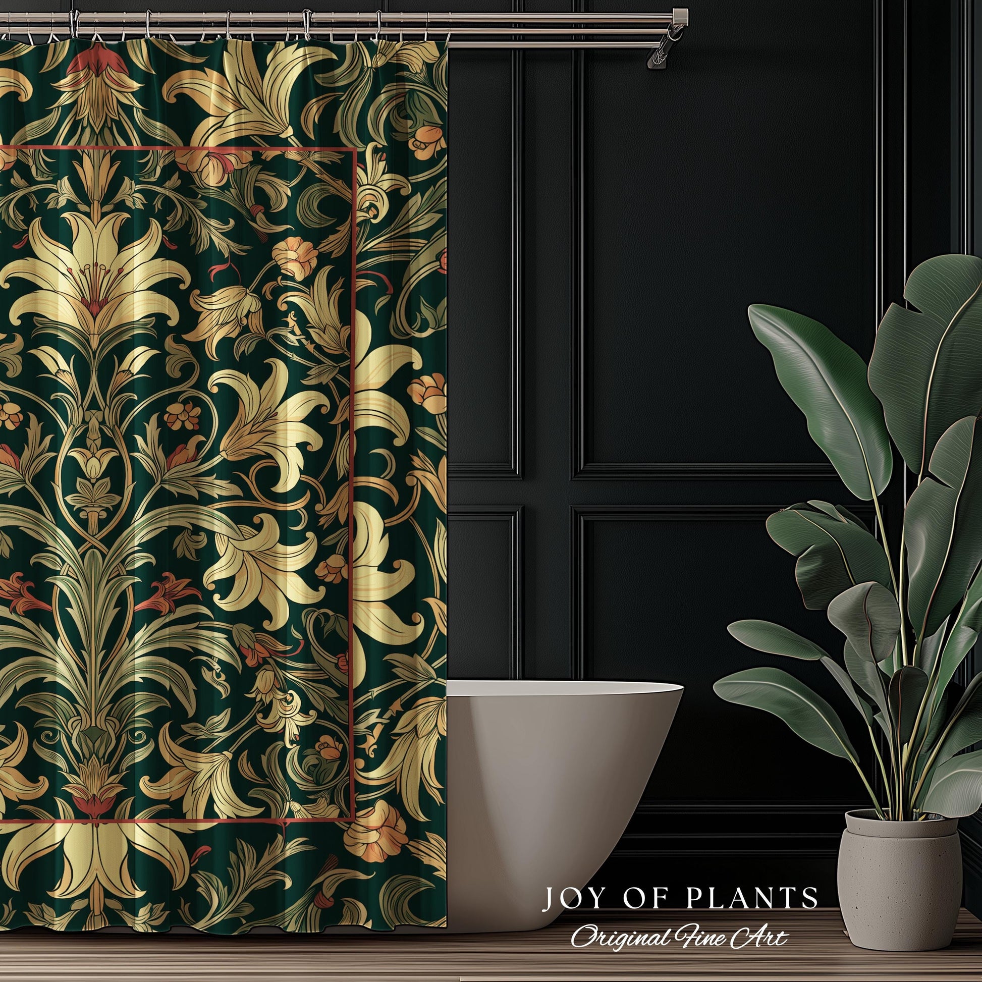Earthy Fairycore Shower Curtain Floral Aesthetic | Enchanted Muted Forest Green Art Nouveau Victorian Cottagecore Academia Art Deco Bathroom