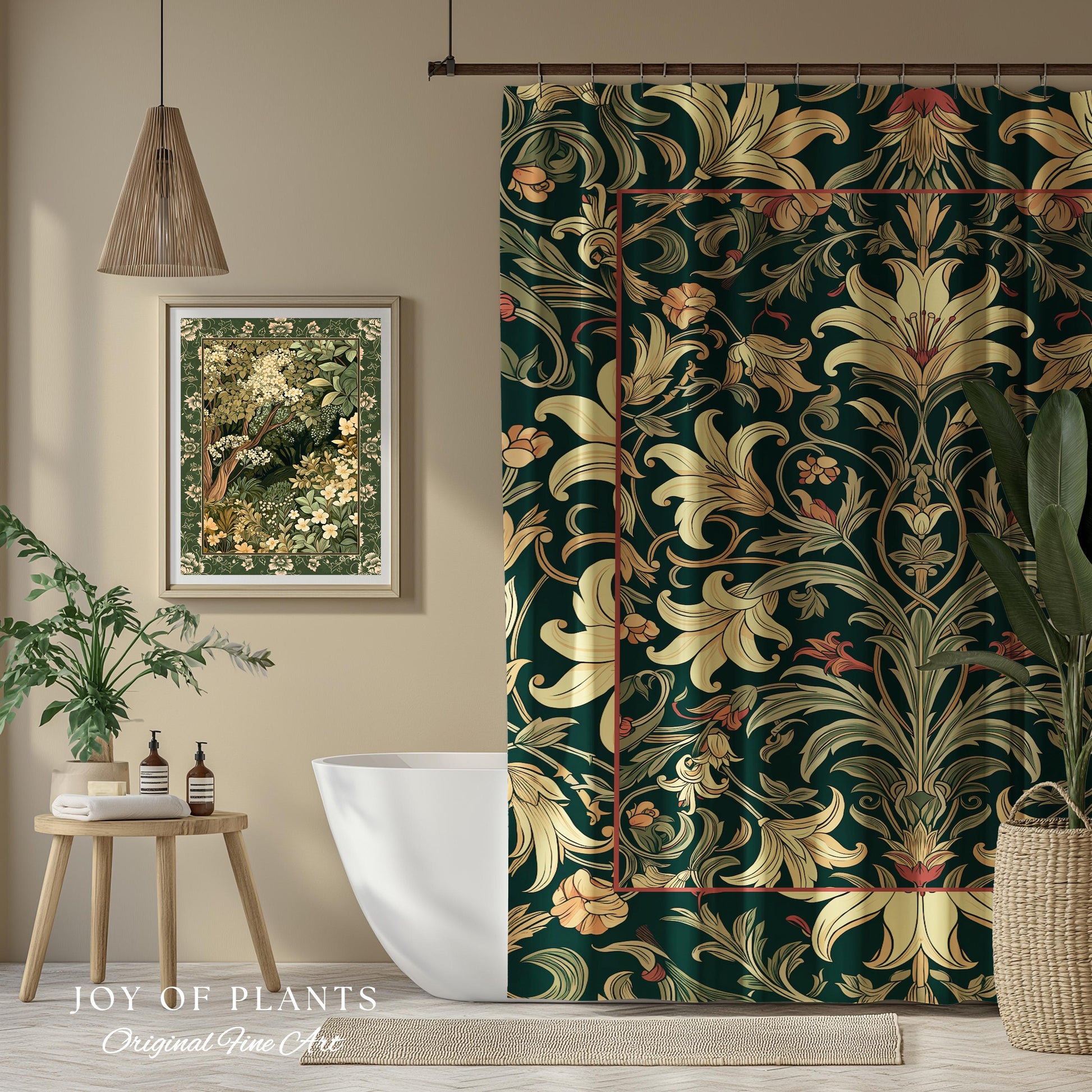 Earthy Fairycore Shower Curtain Floral Aesthetic | Enchanted Muted Forest Green Art Nouveau Victorian Cottagecore Academia Art Deco Bathroom