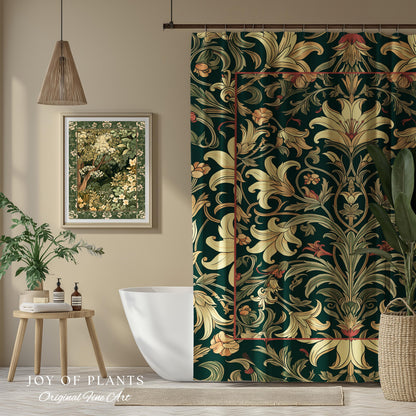 Earthy Fairycore Shower Curtain Floral Aesthetic | Enchanted Muted Forest Green Art Nouveau Victorian Cottagecore Academia Art Deco Bathroom