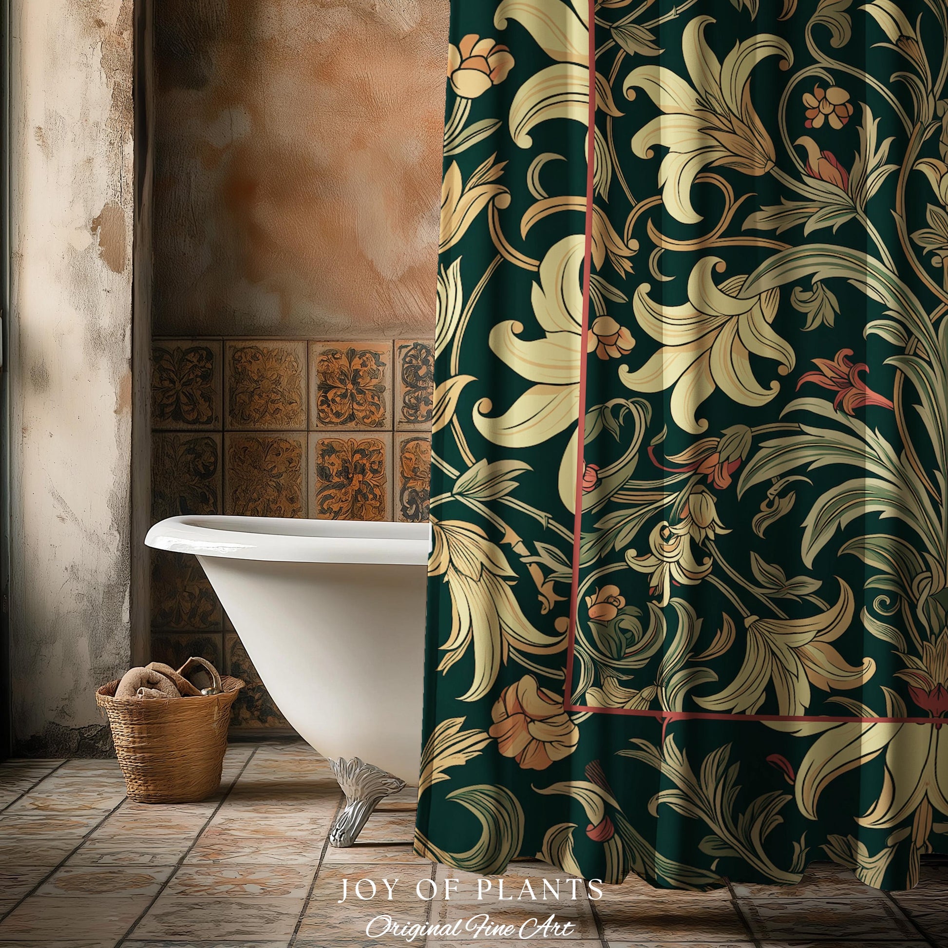 Earthy Fairycore Shower Curtain Floral Aesthetic | Enchanted Muted Forest Green Art Nouveau Victorian Cottagecore Academia Art Deco Bathroom