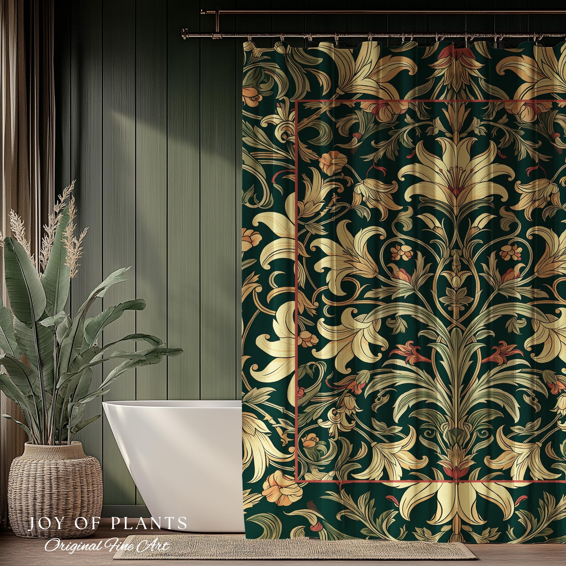 Earthy Fairycore Shower Curtain Floral Aesthetic | Enchanted Muted Forest Green Art Nouveau Victorian Cottagecore Academia Art Deco Bathroom
