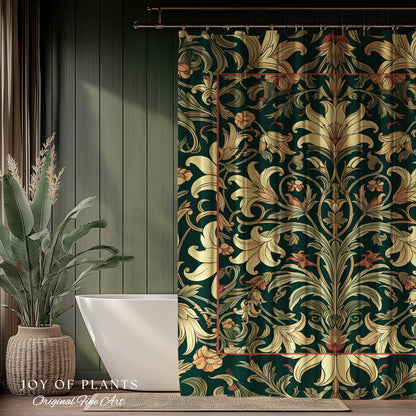 Earthy Fairycore Shower Curtain Floral Aesthetic | Enchanted Muted Forest Green Art Nouveau Victorian Cottagecore Academia Art Deco Bathroom
