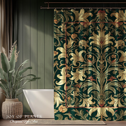 Earthy Fairycore Shower Curtain Floral Aesthetic | Enchanted Muted Forest Green Art Nouveau Victorian Cottagecore Academia Art Deco Bathroom