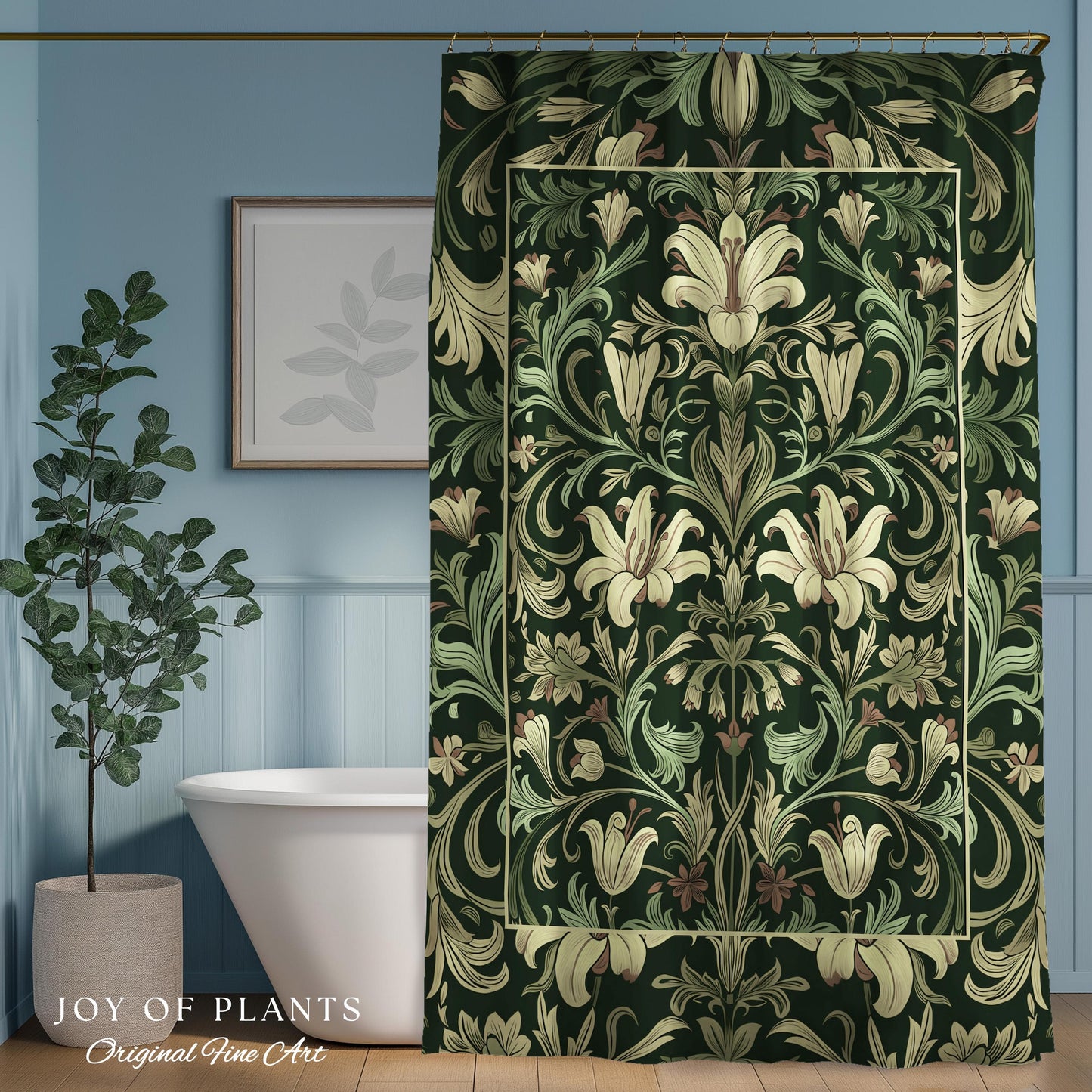 Antique Victorian Floral Shower Curtain Dark Green Botanical Aesthetic, Baroque Inspired Art Nouveau Bathroom Cottagecore William Morris |