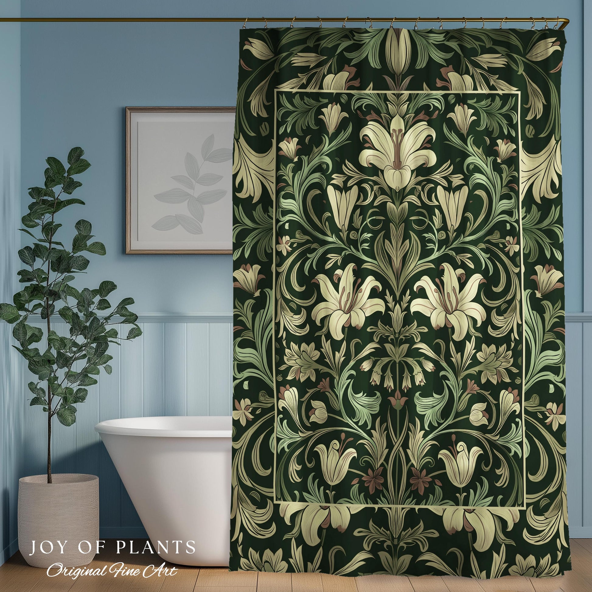 Antique Victorian Floral Shower Curtain Dark Green Botanical Aesthetic, Baroque Inspired Art Nouveau Bathroom Cottagecore William Morris |