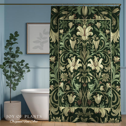 Antique Victorian Floral Shower Curtain Dark Green Botanical Aesthetic, Baroque Inspired Art Nouveau Bathroom Cottagecore William Morris |