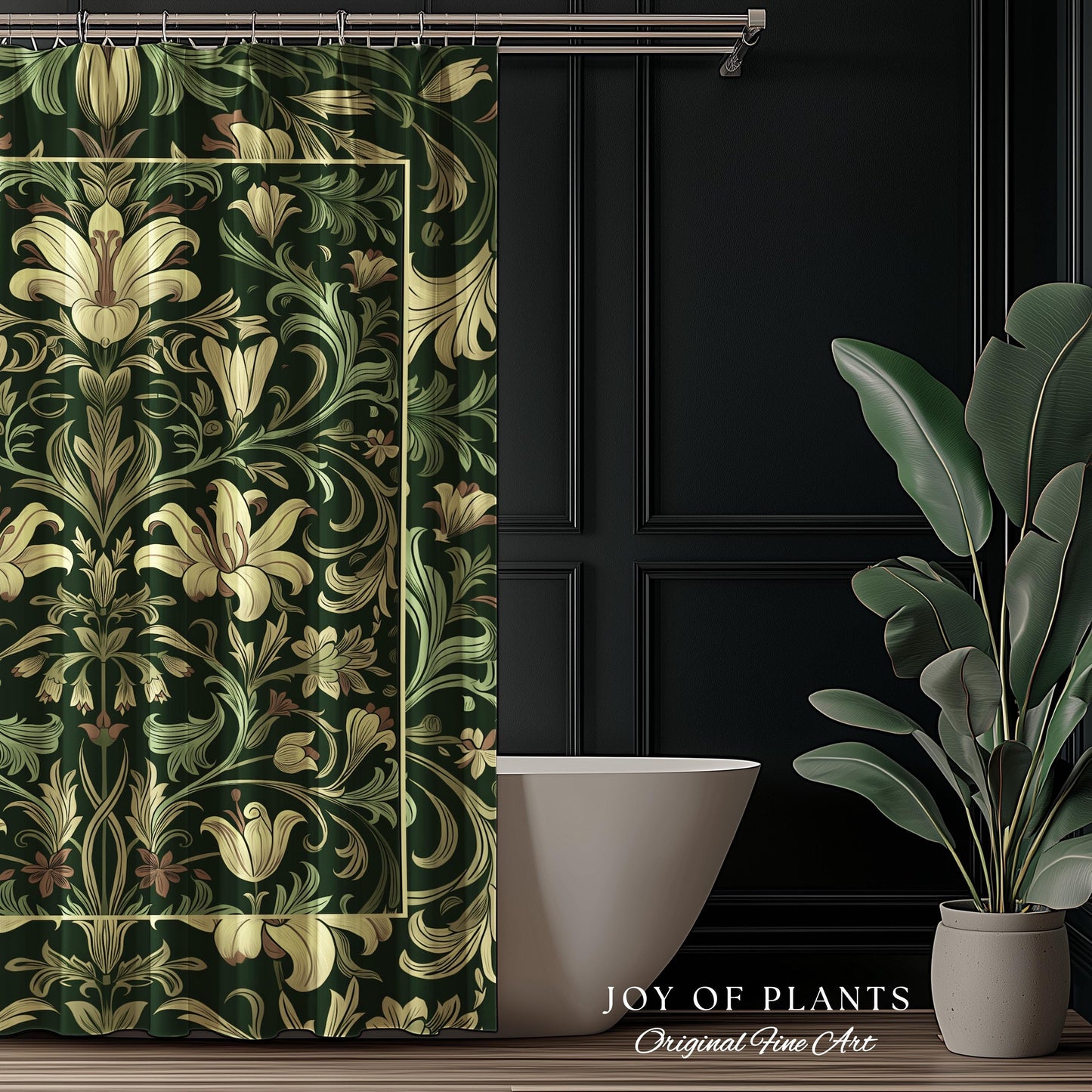 Antique Victorian Floral Shower Curtain Dark Green Botanical Aesthetic, Baroque Inspired Art Nouveau Bathroom Cottagecore William Morris |