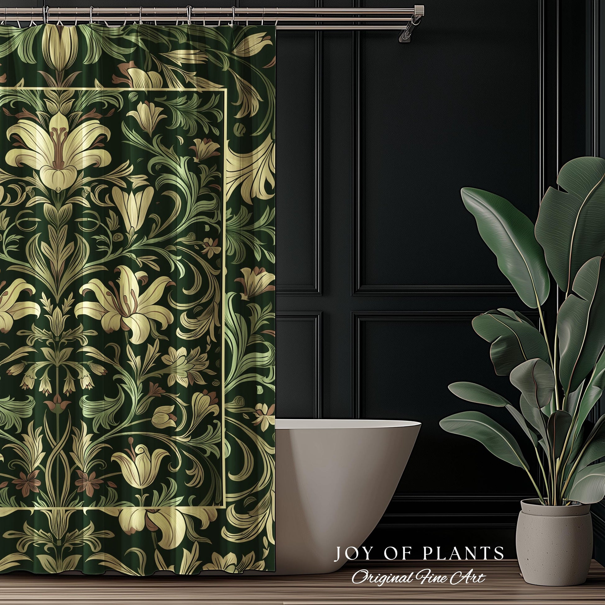 Antique Victorian Floral Shower Curtain Dark Green Botanical Aesthetic, Baroque Inspired Art Nouveau Bathroom Cottagecore William Morris |