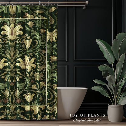 Antique Victorian Floral Shower Curtain Dark Green Botanical Aesthetic, Baroque Inspired Art Nouveau Bathroom Cottagecore William Morris |