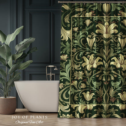 Antique Victorian Floral Shower Curtain Dark Green Botanical Aesthetic, Baroque Inspired Art Nouveau Bathroom Cottagecore William Morris |