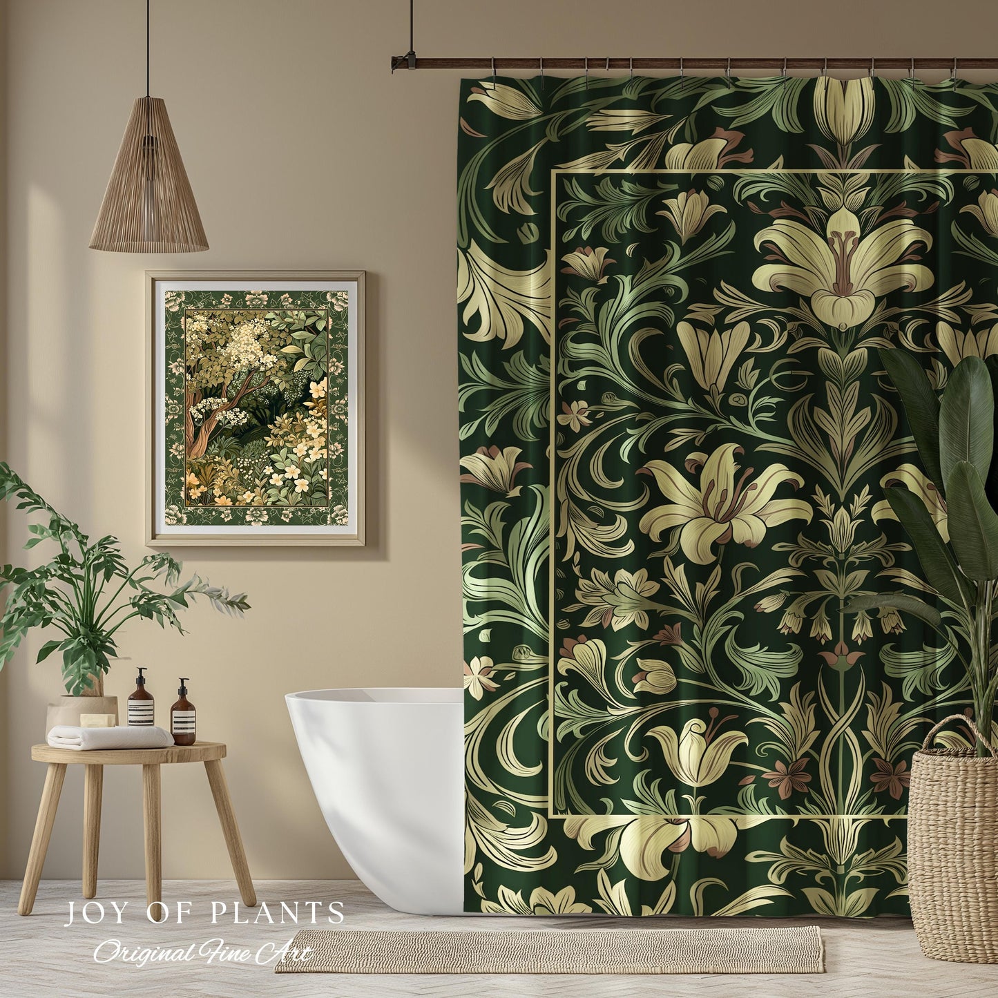 Antique Victorian Floral Shower Curtain Dark Green Botanical Aesthetic, Baroque Inspired Art Nouveau Bathroom Cottagecore William Morris |