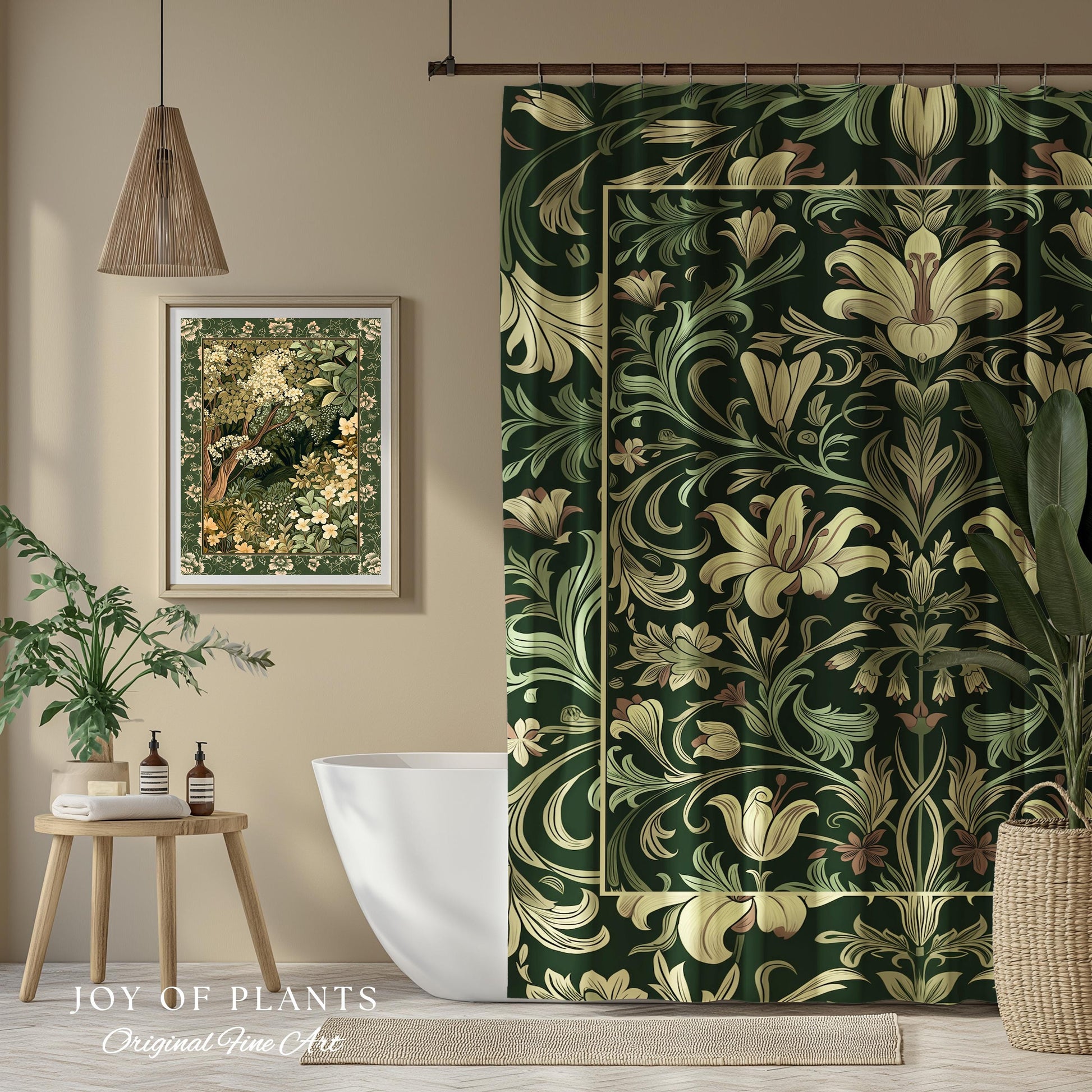 Antique Victorian Floral Shower Curtain Dark Green Botanical Aesthetic, Baroque Inspired Art Nouveau Bathroom Cottagecore William Morris |