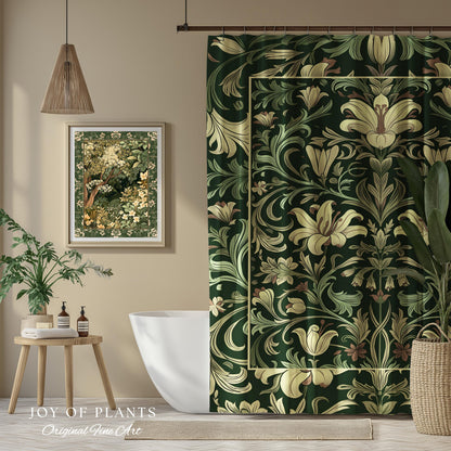 Antique Victorian Floral Shower Curtain Dark Green Botanical Aesthetic, Baroque Inspired Art Nouveau Bathroom Cottagecore William Morris |