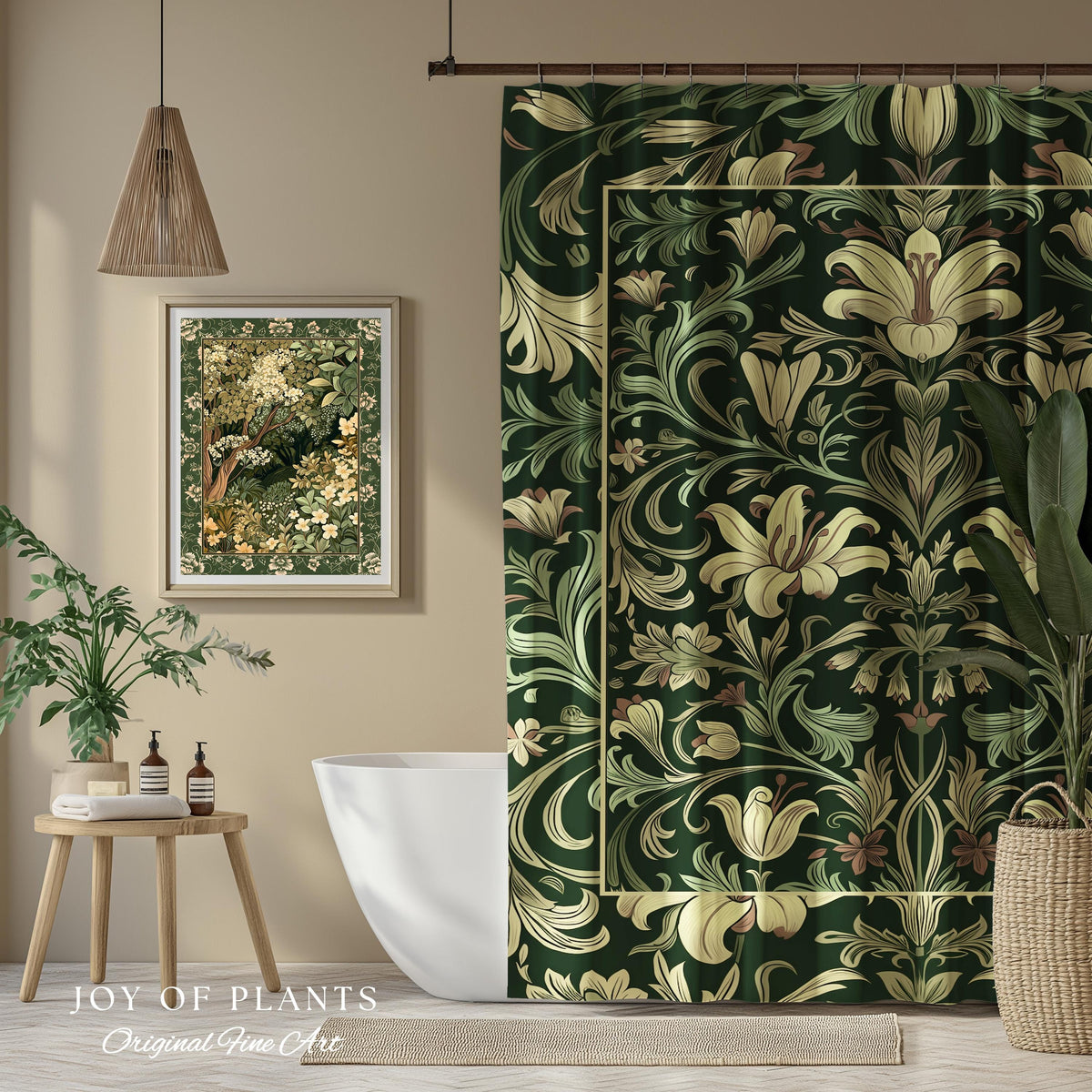 Antique Victorian Floral Shower Curtain Dark Green Botanical Aesthetic, Baroque Inspired Art Nouveau Bathroom Cottagecore William Morris |