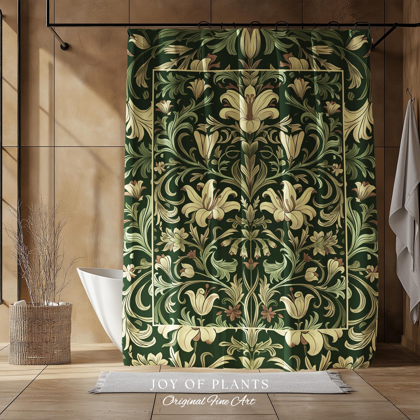 Antique Victorian Floral Shower Curtain Dark Green Botanical Aesthetic, Baroque Inspired Art Nouveau Bathroom Cottagecore William Morris |