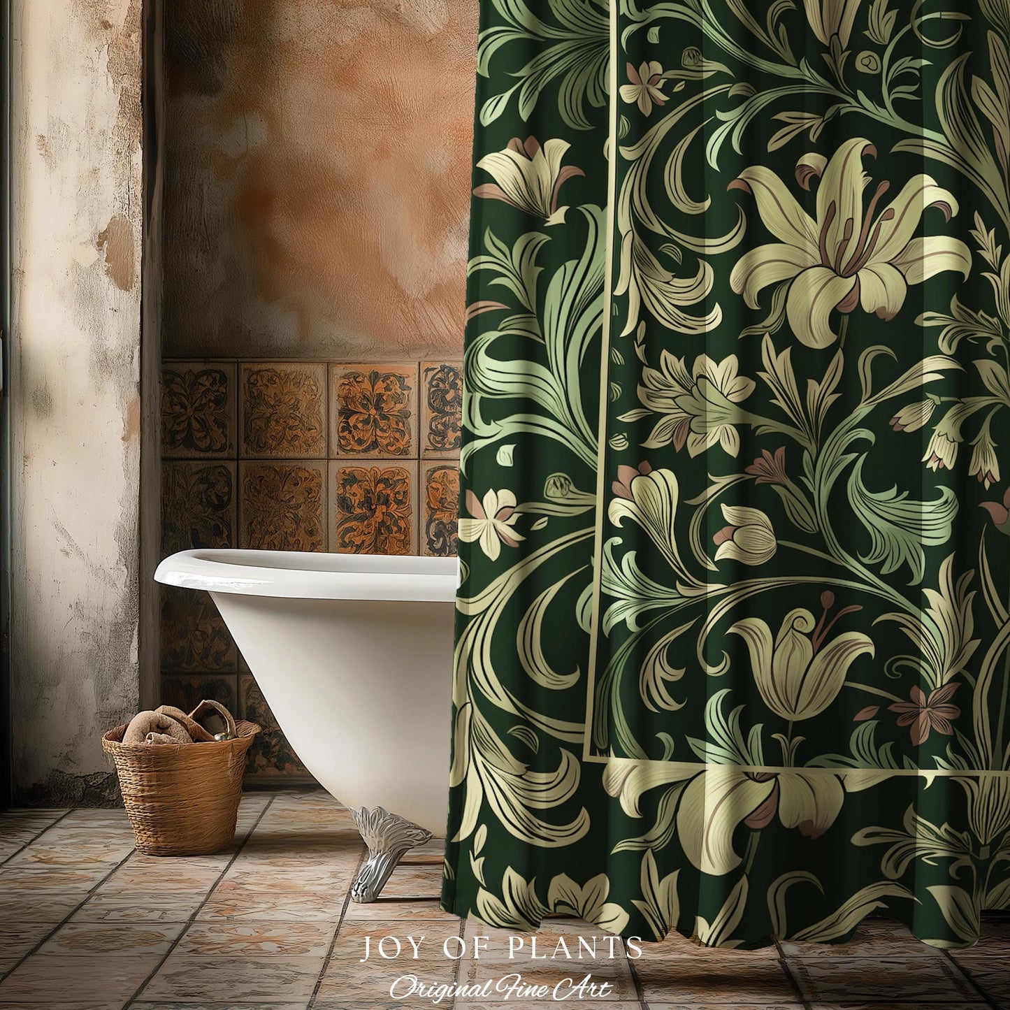 Antique Victorian Floral Shower Curtain Dark Green Botanical Aesthetic, Baroque Inspired Art Nouveau Bathroom Cottagecore William Morris |