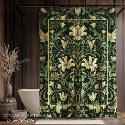 Antique Victorian Floral Shower Curtain Dark Green Botanical Aesthetic, Baroque Inspired Art Nouveau Bathroom Cottagecore William Morris |