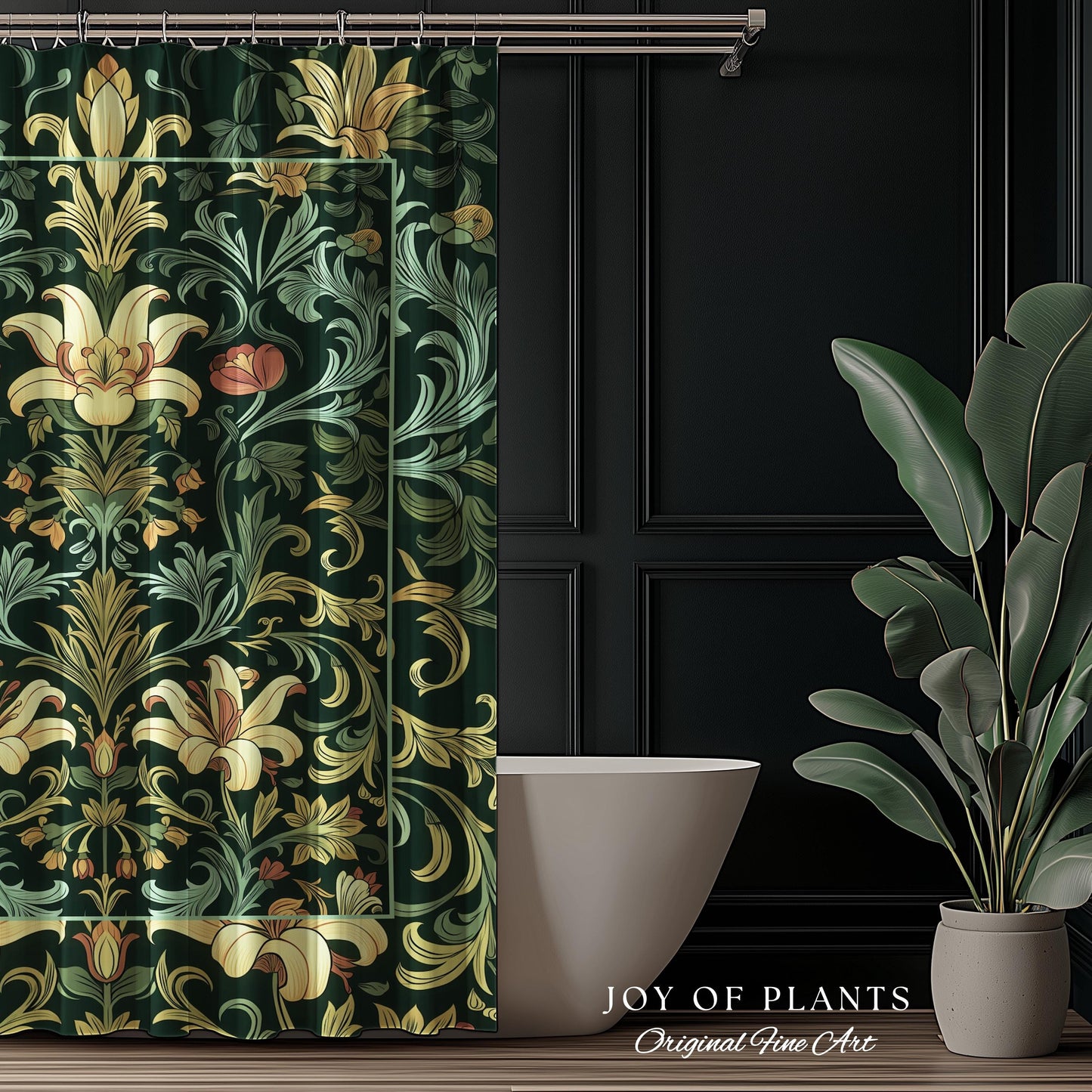 Vintage Green Botanical Shower Curtain Art Nouveau William Morris Style Victorian Floral | Dark Academia Woodland Aesthetic Gothic Bathroom
