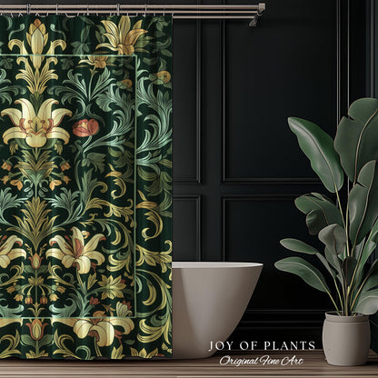 Vintage Green Botanical Shower Curtain Art Nouveau William Morris Style Victorian Floral | Dark Academia Woodland Aesthetic Gothic Bathroom