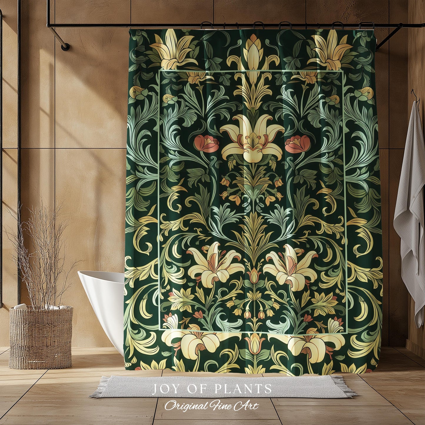 Vintage Green Botanical Shower Curtain Art Nouveau William Morris Style Victorian Floral | Dark Academia Woodland Aesthetic Gothic Bathroom