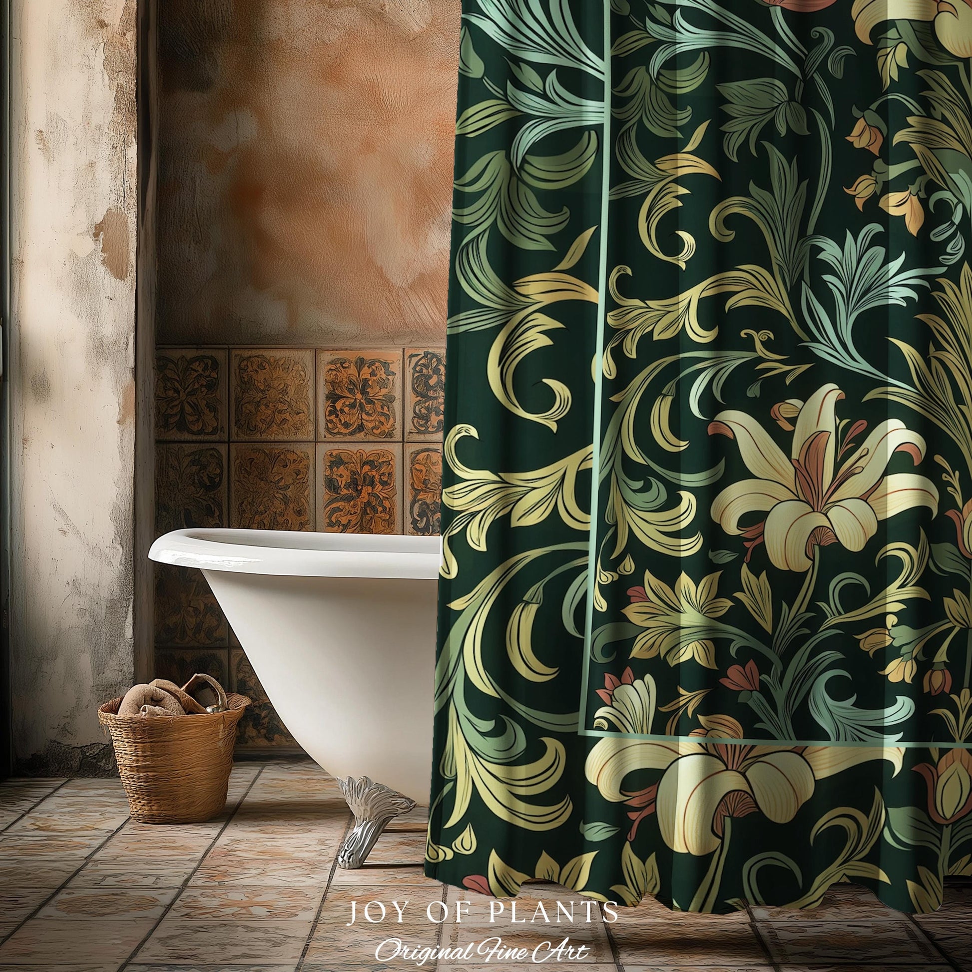 Vintage Green Botanical Shower Curtain Art Nouveau William Morris Style Victorian Floral | Dark Academia Woodland Aesthetic Gothic Bathroom
