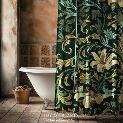 Vintage Green Botanical Shower Curtain Art Nouveau William Morris Style Victorian Floral | Dark Academia Woodland Aesthetic Gothic Bathroom