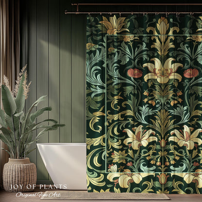 Vintage Green Botanical Shower Curtain Art Nouveau William Morris Style Victorian Floral | Dark Academia Woodland Aesthetic Gothic Bathroom