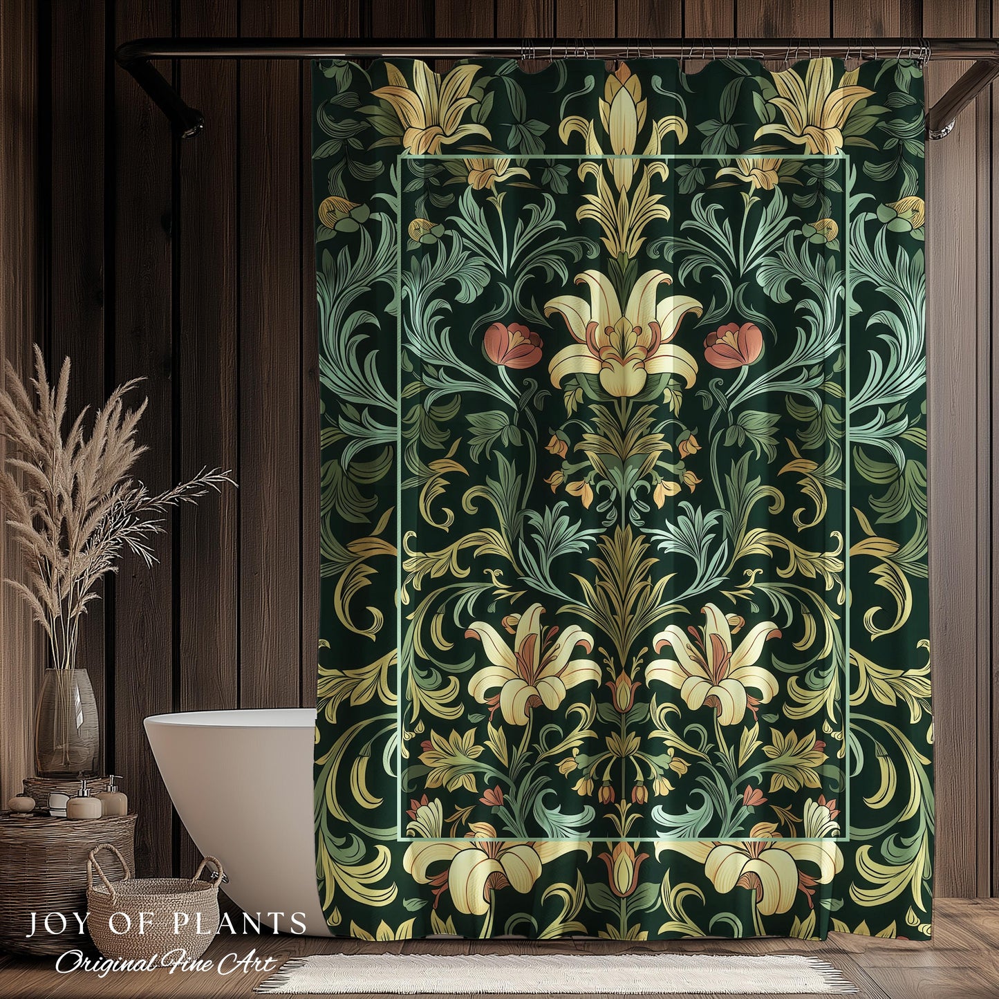 Vintage Green Botanical Shower Curtain Art Nouveau William Morris Style Victorian Floral | Dark Academia Woodland Aesthetic Gothic Bathroom