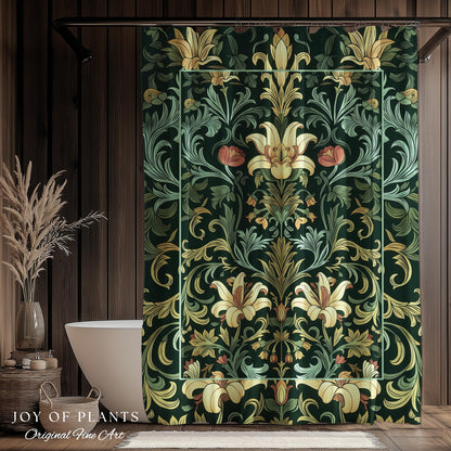 Vintage Green Botanical Shower Curtain Art Nouveau William Morris Style Victorian Floral | Dark Academia Woodland Aesthetic Gothic Bathroom