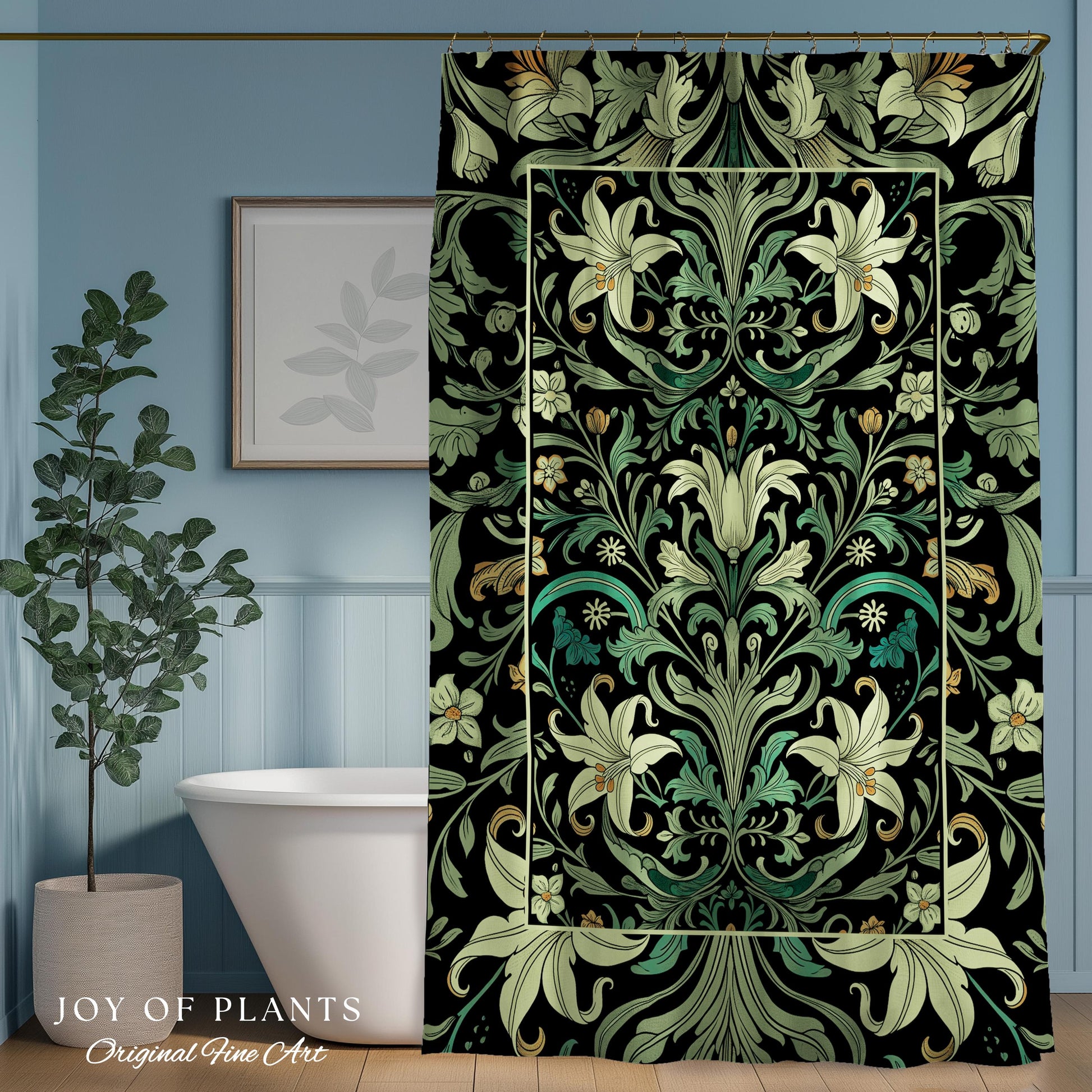 Ornate Green Botanical Shower Curtain Art Nouveau Victorian Floral William Morris Inspired Decor | Elegant Bathroom Lily Flower Cottagecore