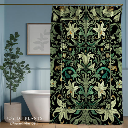 Ornate Green Botanical Shower Curtain Art Nouveau Victorian Floral William Morris Inspired Decor | Elegant Bathroom Lily Flower Cottagecore