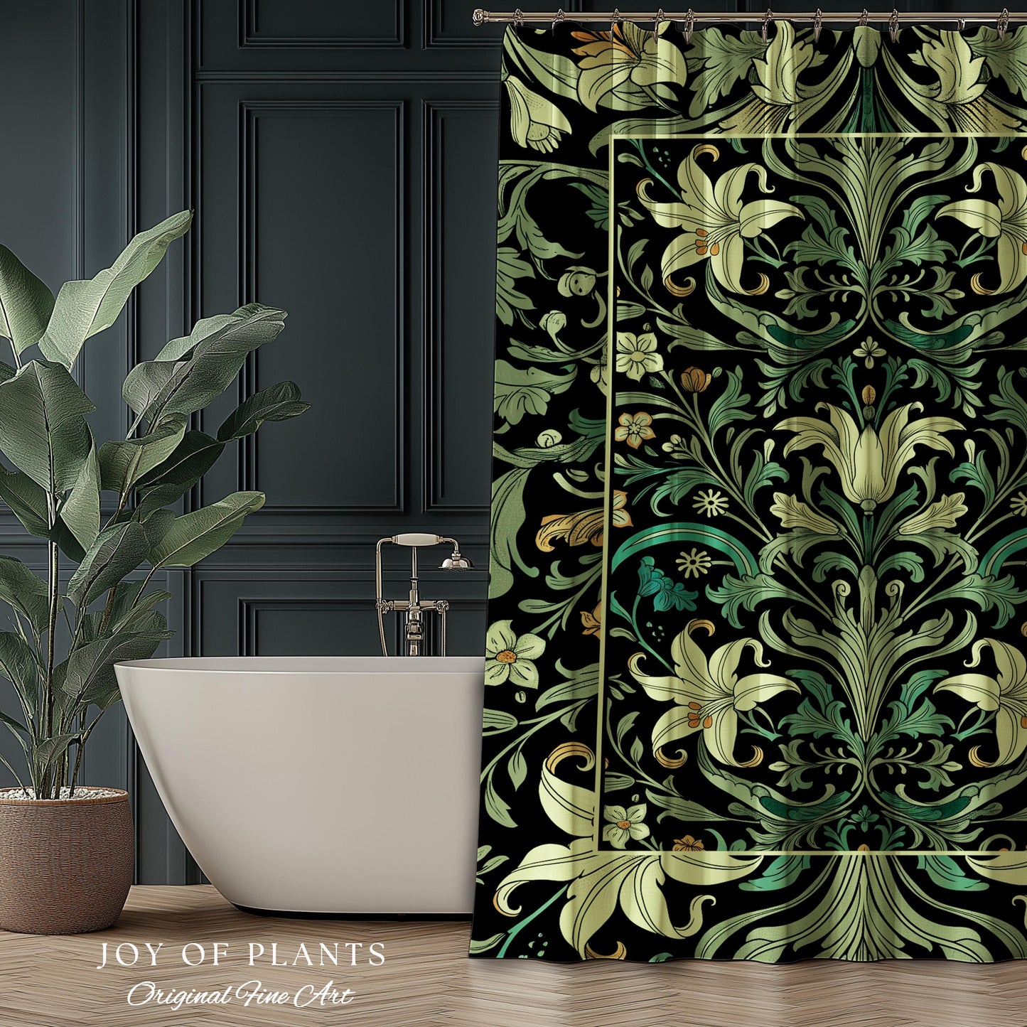 Ornate Green Botanical Shower Curtain Art Nouveau Victorian Floral William Morris Inspired Decor | Elegant Bathroom Lily Flower Cottagecore
